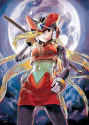 1girl black_eyes bliss_zero_(mega_man) blonde_hair bodystocking bracelet breasts capcom cloud dark_clouds female_focus from_below full_moon genderswap genderswap_(mtf) hand_on_own_hip helmet highres jewelry long_hair looking_at_viewer medium_breasts mega_man_(series) mega_man_zero_(series) midnight_bliss moon night night_sky serious signature skirt sky solo standing sumomo translucent_hair zero(z)_(mega_man) zero_(mega_man)
