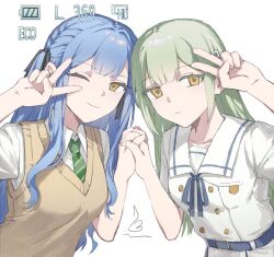 Rule 34 | 2girls, ;), bang dream!, bang dream! it&#039;s mygo!!!!!, belt, belt buckle, blue belt, blue hair, blue ribbon, breast pocket, brown sweater vest, buckle, buttons, collarbone, collared shirt, commentary, diagonal-striped clothes, diagonal-striped necktie, double-parted bangs, dress, expressionless, green necktie, hair between eyes, hair ornament, hair ribbon, hairclip, hand up, haneoka school uniform, hashtag-only commentary, heads-up display, highres, holding hands, leaning forward, long hair, long sidelocks, multiple girls, neck ribbon, necktie, one eye closed, pocket, ribbon, sailor collar, sailor dress, scanlines, school uniform, shirt, short sleeves, side-by-side, sidelocks, simple background, smile, striped clothes, summer uniform, sweater vest, togawa sakiko, tsukinomori school uniform, two side up, upper body, user interface, v, v over eye, v over head, wakaba mutsumi, white background, white dress, white sailor collar, white shirt, yellow eyes, yuri, zx277x