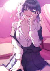 1girl absurdres black_overskirt black_vest blue_skirt blush breath gakuen_idolmaster hataya_misuzu hatsuboshi_gakuen_school_uniform highres idolmaster looking_at_viewer misanga_(hxjd5354) neck_ribbon partially_unbuttoned pleated_skirt purple_eyes purple_hair ribbon school_uniform shirt short_hair sitting skirt smile solo sweat undone_neck_ribbon vest white_shirt