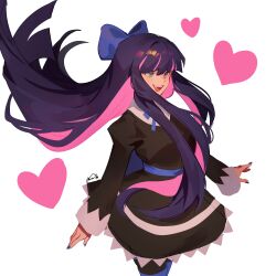 1girl absurdres black_dress blue_nails blunt_bangs bow colored_inner_hair commentary dress floating_hair green_eyes hair_bow heart highres long_hair long_sleeves mararu multicolored_hair open_mouth panty_&amp;_stocking_with_garterbelt pink_hair pink_heart purple_hair signature smile socks solo stocking_(psg) striped_clothes striped_socks teeth two-tone_hair upper_teeth_only white_background