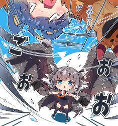 Rule 34 | 0 0, 2girls, absurdres, arzuros, black leotard, black thighhighs, black wings, blue background, blue eyes, blue hair, blush, breasts, chibi, chibi only, commentary request, covered navel, detached collar, full body, grey hair, highres, kushala daora, leotard, milkpanda, monster hunter (series), multiple girls, necktie, open mouth, orange necktie, personification, short hair, standing, strapless, strapless leotard, tail, thighhighs, wavy mouth, wings