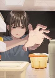 1girl adversarial_noise artist_name bob_cut brown_eyes brown_hair dot_nose fingernails food green_shirt holding_own_arm indoors mattaku_mousuke open_mouth original outstretched_arm pudding refrigerator_interior shirt short_hair sidelocks signature solo squinting sweat trembling watermark watermark_grid