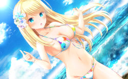 Rule 34 | 1girl, aqua eyes, bikini, blonde hair, blush, breasts, chloe lemaire, cleavage, cloud, day, female focus, girlfriend (kari), highres, long hair, lowleg, lowleg bikini, masa (mirage77), medium breasts, navel, open mouth, outdoors, print bikini, sky, solo, swimsuit, water, white bikini