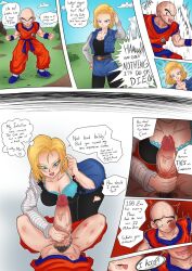 1boy 1girl after_fight android_18 anger_vein aura bald bald_male blonde_hair blue_eyes blush bra breasts cleavage couple dragon_ball dragon_girl english_text excited excited_for_sex happy husband_and_wife kuririn large_penis muscular muscular_male penis powering_up pubic_hair scratches smile speech_bubble torn_clothes uncensored underwear veins veiny_penis