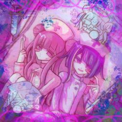 1boy 1girl brother_and_sister closed_mouth hat long_hair looking_at_viewer needle nurse_cap open_mouth pink_hair purple_eyes purple_hair siblings the_hundred_line_-last_defense_academy- tsukumo_ima tsukumo_kako twins twintails