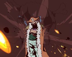 1boy absurdres buggy_the_clown coat commentary crossed_arms embers epaulettes facepaint fur-trimmed_coat fur_trim hat highres jolly_roger klosekkj male_focus one_piece orange_coat pirate_hat red_nose sash solo