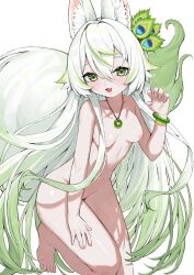 1girl :d absurdres animal_ears breasts claw_pose completely_nude fang fox_ears fox_girl fox_tail gradient_hair green_eyes green_hair hand_on_own_thigh highres jewelry long_hair multicolored_hair necklace negiwolf nude open_mouth original peacock_feathers peacock_feathers_hair_ornament pussy skin_fang small_breasts smile tail very_long_hair white_hair xiang_bo_bo