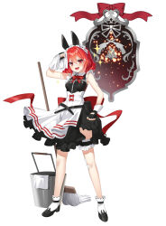 1girl absurdres alternate_costume animal_ears apron bare_legs bare_shoulders black_dress black_shoes breasts bucket closers dog_ears dress enmaided fake_animal_ears frilled_dress frilled_thigh_strap frills full_body hand_up highres holding looking_at_viewer maid maid_apron maid_headdress mop official_art open_mouth red_eyes red_hair seth_(closers) sharp_teeth shoes short_hair simple_background sleeveless sleeveless_dress small_breasts smile socks solo teeth thigh_strap white_background white_socks