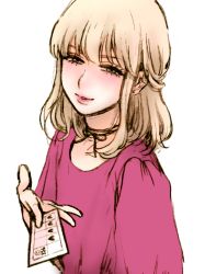 Rule 34 | 1boy, blonde hair, blue eyes, blunt bangs, card, choker, crossdressing, crossdressing (mtf), ear piercing, earrings, giving, holding, jewelry, lips, male focus, medium hair, original, parted lips, piercing, ribbon choker, seira (yuki touko), smirk, solo, trap, yuki touko
