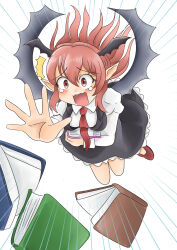 ^^^ absurdres bat_wings black_dress black_wings blush book breasts collared_shirt commentary_request dot_nose dress dress_shirt dropping emphasis_lines eyelashes falling foreshortening frilled_dress frills full_body hair_between_eyes head_wings highres holding holding_book hugging_book hugging_object juliet_sleeves koakuma long_hair long_sleeves medium_breasts namonakisamurai necktie open_book open_mouth outstretched_arm pinafore_dress pointy_ears puffy_sleeves raised_inner_eyebrows red_eyes red_hair red_necktie red_shoes shirt shoes sidelocks simple_background sleeveless sleeveless_dress tears touhou wavy_mouth white_background white_shirt wide-eyed wing_collar wings