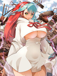 1girl ahoge blue_hair blue_sky bow braid breasts cloud cloudy_sky cropped_hoodie day electricity green_eyes high-waist_skirt highres hood hoodie huge_breasts junk junkyard last_origin long_hair long_sleeves looking_at_viewer miniskirt multicolored_hair neodym open_mouth outdoors parted_lips pixiv_id red_hair red_ribbon revealing_clothes ribbon single_braid skirt sky solo sparks twitter_username two-tone_hair umigarasu_(kitsune1963) v-shaped_eyebrows very_long_hair waist_bow white_bow white_hood white_hoodie white_skirt