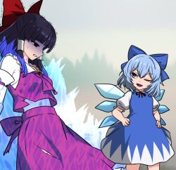 2girls catfight cirno defeat hakurei_reimu monadmandara multiple_girls one_eye_closed tagme touhou wink