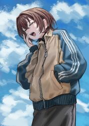 1girl black_skirt blue_jacket blue_sky brown_hair closed_eyes cloud commentary cowboy_shot day facing_viewer hair_between_eyes hand_in_pocket hand_up highres jacket level9kaito long_sleeves open_mouth original outdoors short_hair skirt sky solo standing track_jacket yawning