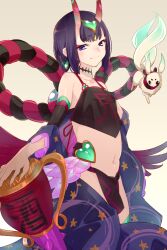 1girl animal bare_shoulders black_fundoshi black_thighhighs breasts chinese_clothes closed_mouth club club_(weapon) collarbone detached_sleeves dudou earrings echo_(circa) eyeliner fate/grand_order fate_(series) forehead_jewel fundoshi haku_(fate) horns japanese_clothes jewelry kanabou looking_at_viewer low_twintails makeup navel oni pointy_ears purple_eyes purple_hair short_hair short_twintails shuten_douji_(fate) shuten_douji_(fate/grand_order) shuten_douji_(halloween_caster)_(fate) simple_background skin-covered_horns small_breasts smile spiked_club thighhighs thighs twintails weapon