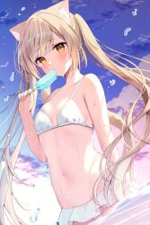 1girl animal_ear_fluff animal_ears bare_shoulders bikini blush breasts brown_hair cat_ears cat_girl cat_tail collarbone eating food food_in_mouth hamico highres holding holding_food holding_popsicle kokona_(hamico) long_hair looking_at_viewer melting_popsicle navel ocean original outdoors popsicle popsicle_in_mouth sky small_breasts solo stomach sweat sweatdrop swimsuit tail twintails very_long_hair water water_drop white_bikini yellow_eyes