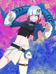 1girl blood_golem briar_(league_of_legends) highres league_of_legends multicolored_hair sharp_teeth shork_cosplay_briar teeth thigh_strap