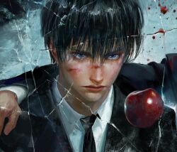 1boy apple black_hair black_necktie black_suit blood blood_on_glass blue_eyes broken_glass cuts fieroo food formal_clothes fruit glass hand_on_another&#039;s_shoulder highres injury lips male_focus necktie original out_of_frame portrait short_hair solo suit