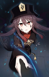 absurdres black_coat black_nails black_shorts brown_hair coat collared_coat flower-shaped_pupils genshin_impact gradient_hair hand_grab hat highres hu_tao_(genshin_impact) jhp987 lumine_(genshin_impact) multicolored_hair out_of_frame porkpie_hat red_eyes red_hair shorts symbol-shaped_pupils twintails