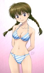 1girl bikini braid breasts brown_hair cleavage diagonal_stripes female_focus kyoukai_no_rinne long_hair mamiya_sakura mcq navel purple_eyes smile solo standing striped_bikini striped_clothes swimsuit twin_braids