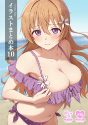 Rule 34 | 1girl, bare shoulders, bikini, blue sky, blurry, blurry background, blush, breasts, cleavage, closed mouth, day, frilled bikini top, hair between eyes, highres, konoe kanata, large breasts, long hair, looking at viewer, love live!, love live! nijigasaki high school idol club, navel, ocean, off-shoulder bikini, off shoulder, orange hair, outdoors, polka dot, polka dot bikini, purple bikini, purple eyes, side-tie bikini bottom, sky, solo, stomach, swimsuit, toyasu aina