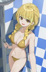 absurdres bathroom bikini blonde_hair braid breasts cleavage commentary cowboy_shot dddm fang fujita_kotone gakuen_idolmaster gold_bikini highres idolmaster long_hair low_twintails navel open_mouth skin_fang smile swimsuit twintails yellow_eyes