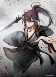 1boy artist_name bishounen black_gloves black_hair black_hanfu chinese_clothes collarbone foreshortening full_body gloves hair_between_eyes hanfu holding holding_sword holding_weapon jewelry long_hair long_sleeves looking_at_viewer male_focus modao_zushi necklace outstretched_hand partially_fingerless_gloves pectoral_cleavage pectorals ponytail rakkyhappy red_eyes sash sidelocks smile solo sword twitter_username weapon xue_yang yellow_sash