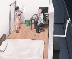 1boy 1girl absurdres arm_behind_back asymmetrical_gloves barefoot bed bedroom bikini blue_bikini blue_eyes breasts commentary computer dolphin_wave elbow_gloves faceless faceless_male gloves hand_on_own_chest highres kirishima_uniform large_breasts layered_bikini night porch pubic_hair short_hair single_elbow_glove sitting skindentation slippers solo_focus standing swimsuit time_lapse tojou_michiru translated uneven_gloves uruwana