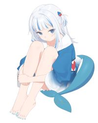 1girl absurdres bare_legs barefoot blue_eyes blue_hair blue_hoodie blue_nails blue_tail closed_mouth commentary eyelashes feet fins fish_tail full_body gawr_gura gawr_gura_(1st_costume) grey_hair highres hololive hololive_english hood hood_down hoodie hugging_own_legs kaniman knees_up long_sleeves looking_at_viewer multicolored_hair nail_polish on_ground one_side_up shark_tail simple_background sitting solo streaked_hair symbol-only_commentary tail toenail_polish toenails toes virtual_youtuber white_background