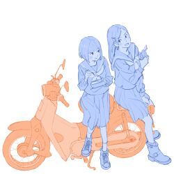 Rule 34 | 2girls, 55bata6rou, bento, boots, eating, full body, highres, honda super cub, koguma (super cub), long hair, long sleeves, looking at another, motor vehicle, motorcycle, multiple girls, neckerchief, on motorcycle, open mouth, pleated skirt, reiko (super cub), sailor collar, school uniform, serafuku, shirt, shoes, short hair, simple background, sitting, skirt, smile, sneakers, super cub, white background