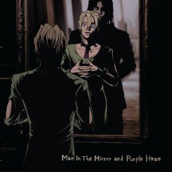 Rule 34 | 2boys, blonde hair, commentary, commentary request, dark, different reflection, english commentary, english text, evil grin, evil smile, formal clothes, glowing, glowing eyes, grin, hellomadjackass, high contrast, highres, illuso, jojo no kimyou na bouken, looking at mirror, male focus, mirror, multiple boys, necktie, pannacotta fugo, partially shaded face, purple eyes, purple necktie, red eyes, reflection, short hair, smile, subtitled, suit, vento aureo