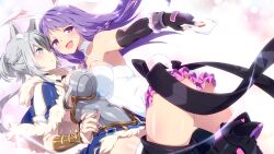 Rule 34 | aki (sakura isekai adventure), animal ears, armor, armored dress, blue eyes, card, dress, dulce (sakura isekai adventure), frills, fur jacket, fur skirt, game cg, gloves, grey hair, highres, inma, jacket, leotard, official art, playboy bunny, purple eyes, purple hair, sakura isekai adventure, wolf ears, wolf girl, yuri