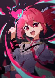 1girl ahoge belt black_belt black_sleeve_cuffs buttons commentary double-breasted drill_hair fin_gocco from_side grey_jacket hair_between_eyes hashtag-only_commentary heart highres index_finger_raised jacket kasane_teto kasane_teto_(sv) layered_sleeves long_sleeves looking_at_viewer midriff_peek open_mouth red_eyes red_hair red_trim shoulder_belt shoulder_boards solo striped_clothes striped_jacket symbol-only_commentary synthesizer_v teeth tongue twin_drills upper_teeth_only utau