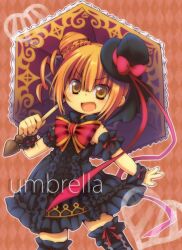 black_dress black_hat black_thighhighs brown_hair character_name dress emil_chronicle_online frilled_dress frilled_thighhighs frilled_umbrella frilled_wristband frills hair_bun hat holding holding_umbrella open_mouth rakisuke red_ribbon red_umbrella ribbon thighhighs umbrella umbrella_alma yellow_eyes