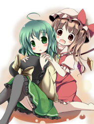 2girls :o ahoge aqua_hair ascot barefoot blonde_hair blouse blush fang flandre_scarlet gradient_background green_eyes hat hat_ribbon holding holding_unworn_clothes holding_unworn_hat kazura knees_up komeiji_koishi looking_at_viewer mob_cap multiple_girls open_mouth puffy_short_sleeves puffy_sleeves red_eyes ribbon shadow shirt short_hair short_sleeves side_ponytail simple_background sitting skirt skirt_set thighhighs touhou unworn_hat unworn_headwear wariza wings