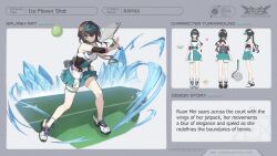 1girl aqua_skirt ball bare_legs bare_shoulders black_hair highres holding_tennis_racket honkai:_star_rail honkai_(series) miniskirt multiple_views rararamax ruan_mei_(honkai:_star_rail) shirt skirt sleeveless sleeveless_shirt standing tennis_ball thigh_strap visor_cap