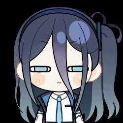 Rule 34 | 1girl, :|, anger vein, animated, animated gif, aqua eyes, aqua necktie, aris (blue archive), black jacket, blue archive, blue hair, blue hairband, blue jacket, blush stickers, chibi, chunye haruya, closed mouth, collared shirt, dot nose, hair between eyes, hairband, half-closed eyes, jacket, long bangs, long hair, long hair between eyes, looking at viewer, lowres, multicolored jacket, necktie, one side up, open clothes, open jacket, school uniform, second-party source, shaded face, shirt, simple background, solo, squinting, transparent background, upper body, white jacket, white shirt