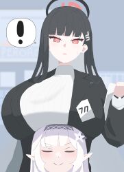! 2girls absurdres black_hair black_jacket blazer blue_archive blunt_bangs blush breasts closed_eyes commentary_request hair_ornament hairband hairclip halo highres himari_(blue_archive) holding holding_tablet_pc jacket large_breasts long_hair multiple_girls open_mouth orarararara pointy_ears red_eyes ribbed_sweater ringed_eyes rio_(blue_archive) smile spoken_exclamation_mark sweatdrop sweater tablet_pc turtleneck turtleneck_sweater white_hair white_sweater