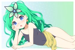 Rule 34 | 1girl, blue eyes, blue leotard, commission, commissioner upload, covered navel, earrings, elbow rest, final fantasy, final fantasy iv, fugetsu taku, green hair, hair ornament, head rest, jewelry, leotard, long hair, looking at viewer, lying, on side, open mouth, rydia (ff4), rydia (young) (ff4), sarong, skeb commission, solo, star (symbol), star earrings, thighs, yellow sarong