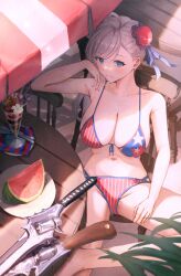 Rule 34 | 1girl, arm at side, aruhi (pyxk7325), bikini, blue bikini, blue eyes, blue ribbon, blush, breasts, bun cover, chair, cleavage, closed mouth, collarbone, crossed legs, day, elbow rest, fate/grand order, fate (series), feet out of frame, film grain, food, from above, front-tie bikini top, front-tie top, fruit, glass, glint, grey hair, gun, hair bun, hand on own face, hand up, highres, large breasts, long hair, looking at viewer, miyamoto musashi (fate), miyamoto musashi (fate/grand order), miyamoto musashi (swimsuit berserker) (fate), multicolored bikini, napkin, navel, on chair, outdoors, parasol, parfait, plate, print bikini, red bikini, ribbon, single hair bun, sitting, solo, spoon, star (symbol), star print, stomach, striped bikini, striped clothes, striped ribbon, sunlight, swimsuit, table, umbrella, vertical-striped bikini, vertical-striped clothes, watermelon, watermelon slice, weapon, wooden chair, wooden table