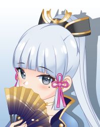 1girl ayaka_(genshin_impact) blunt_bangs blush fan genshin_impact grey_eyes hair_ornament highres mole mole_under_eye ponytail sidelocks silver_hair steven_steel_(artist)