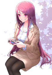 1girl absurdres black_pantyhose blush breasts brown_jacket brown_skirt cleavage collarbone collared_shirt commentary controller cowboy_shot formal_clothes game_controller grin gundou_mirei gundou_mirei_(1st_costume) highres holding holding_controller holding_game_controller invisible_chair jacket leaf leaf_background long_hair long_sleeves looking_at_viewer medium_breasts miniskirt nijisanji pantyhose purple_eyes purple_hair shinoe_nun shirt simple_background sitting skirt skirt_set smile solo straight_hair suit virtual_youtuber white_background white_shirt