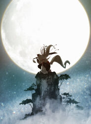 1girl absurdres animal_ear_fluff animal_ears arm_support backlighting black_gloves black_skirt blurry blurry_background branch bridal_gauntlets commentary_request concentrating cross-laced_clothes cross-laced_sleeves detached_sleeves elbow_gloves film_grain floating_hair fog from_side full_body full_moon geta gloves glowing glowing_eyes hair_ribbon hand_on_ground hat highres holding holding_sword holding_weapon inubashiri_momiji kneeling long_hair long_skirt moon night night_sky on_rock oubachiago outdoors over_shoulder procreate_(medium) profile red_eyes red_hat red_ribbon red_sandals red_sash ribbon ribbon-trimmed_sleeves ribbon_trim sandals sash shirt skirt sky sleeveless sleeveless_shirt socks solo star_(sky) starry_sky sword sword_over_shoulder sword_tassel tabi tengu-geta tokin_hat touhou very_long_hair weapon weapon_over_shoulder white_hair white_shirt white_socks wide_shot wide_sleeves wolf_ears wolf_girl