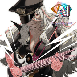 1girl ai_the_somnium_files ai_the_somnium_files:_nirvana_initiative album_cover artist_request black_hat breasts bright_pupils cleavage closed_mouth collarbone copyright_logo copyright_name cover english_text eyelashes guitar hat hat_over_one_eye highres holding holding_guitar holding_instrument instrument large_breasts lips long_hair mole mole_on_breast multicolored_hair music official_art pale_skin pink_hair playing_guitar playing_instrument red_eyes second-party_source see-through_body simple_background smile solo tama_(ai_the_somnium_files) two-tone_hair upper_body white_background white_hair white_pupils