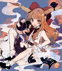 abstract_background alcohol black_skirt bow brown_horns cuffs hair_bow highres horn_ornament horn_ribbon horns ibuki_suika looking_at_viewer mozukuzu_(manukedori) oni orange_eyes orange_hair ribbon sake shirt skirt smile torn_clothes torn_sleeves touhou white_shirt