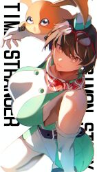 Rule 34 | 1girl, absurdres, bare shoulders, black hair, blue eyes, body fur, breasts, brown eyes, copyright name, cowboy shot, digimon, digimon (creature), digimon story: time stranger, dress, elbow gloves, english text, eyewear on head, gloves, green dress, green hat, hat, head wings, highres, large breasts, patamon, sasaki (ssk8083), simple background, sleeveless, sleeveless dress, white background, white dress, white gloves, wings, yuuki kanan