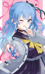 1girl absurdres black_choker blue_eyes blue_hair blue_shirt blue_skirt box choker closed_mouth finger_to_mouth highres holding holding_box hololive hoshimachi_suisei hoshimachi_suisei_(school_uniform) kwnri long_hair neckerchief official_alternate_costume one_eye_closed shirt skirt smile solo virtual_youtuber yellow_neckerchief