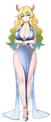 Rule 34 | black eyes, blonde hair, blue dress, breasts, dragon girl, dragon horns, dress, green eyes, heterochromia, high heels, highres, hip vent, horns, jewelry, kobayashi-san chi no maidragon, large breasts, long hair, looking at viewer, lucoa (maidragon), multicolored hair, necklace, simple background, smile, two-tone hair