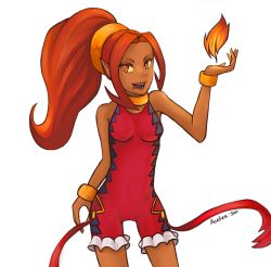 1girl bodysuit bracelet dark_skin dark-skinned_female din female_focus fire jewelry legs long_hair magic nintendo open_mouth pointy_ears ponytail red_eyes skin_tight solo the_legend_of_zelda the_legend_of_zelda:_oracle_of_seasons tongue tongue_out