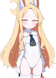 1girl animal_ear_fluff animal_ears black_necktie blonde_hair blue_archive blush bow bright_pupils closed_mouth covered_navel cowboy_shot detached_sleeves fox_ears halo highres io9 leotard loli long_hair looking_at_viewer necktie seia_(blue_archive) simple_background sleeve_bow sleeves_past_fingers sleeves_past_wrists solo thighhighs white_background white_bow white_leotard white_pupils white_thighhighs yellow_bow yellow_eyes yellow_halo