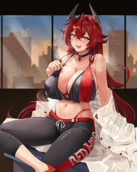 1girl ahoge black_bra black_choker black_pants bra breasts choker cleavage commentary english_commentary goddess_of_victory:_nikke hair_intakes highres horns indoors large_breasts long_hair mechanical_horns midriff navel noir_(4chan) open_mouth pants red_hair red_hood_(nikke) sitting solo sweat underwear very_long_hair window yellow_eyes yoga_pants
